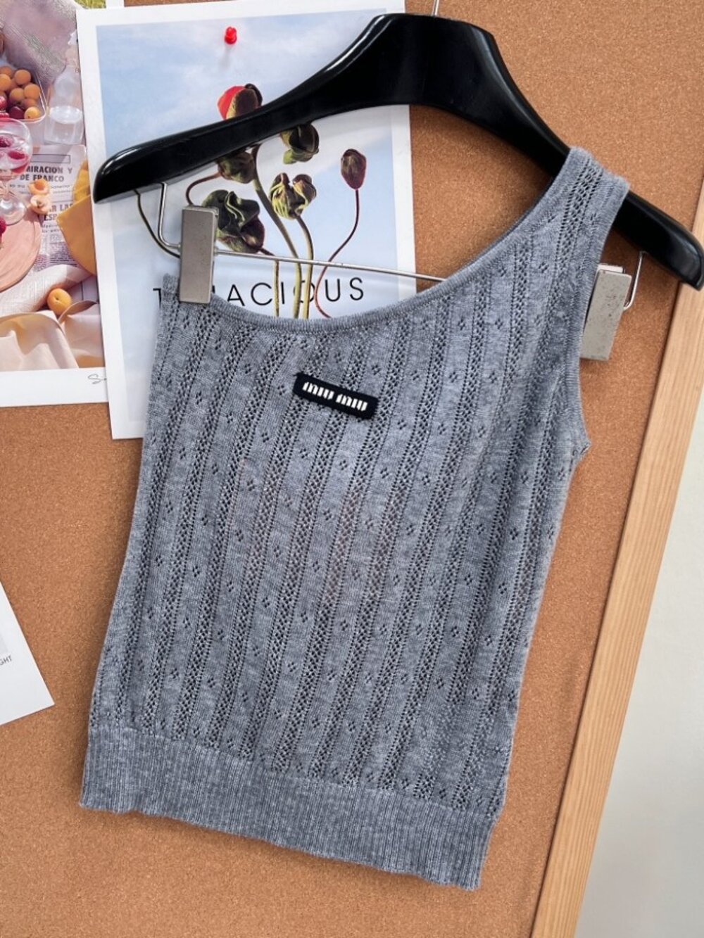 Miu Miu Grey Open Knit Sleeveless Cropped Tank Top Logo Label